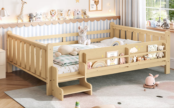 English Elm Queen Bunk Bed with Trundle Solid Pine Kids Car Themed Frame Built-in Bookshelf Light Natural W1580S00538