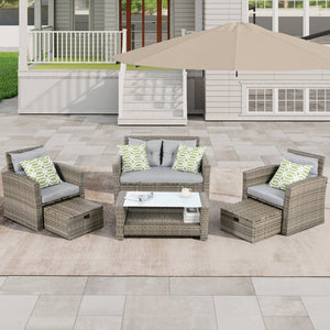 English Elm Patio 6-Piece Pe Wicker Furniture Set With Glass Coffee Table - Stylish Outdoor Seating For Any Space W1703S00020-GIGA