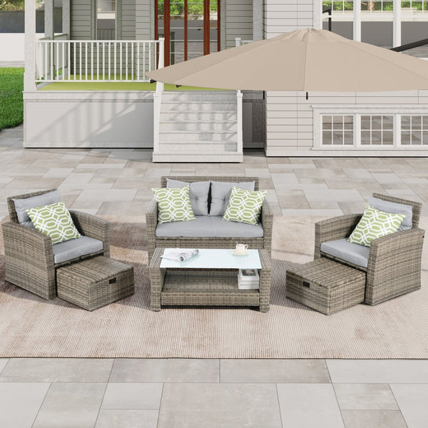 English Elm Patio 6-Piece Pe Wicker Furniture Set With Glass Coffee Table - Stylish Outdoor Seating For Any Space W1703S00020-GIGA