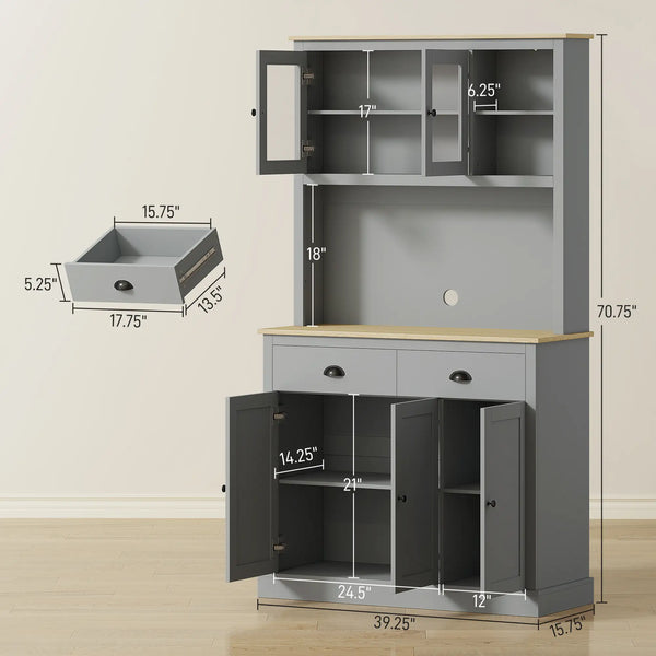 English Elm 71" Two-tone Gray Oak Pantry Cabinet with Glass Doors Drawers and Cable-ready Top T3971P417180