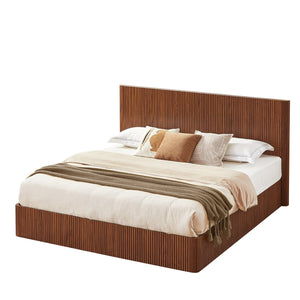 English Elm King Platform Storage Bed Walnut Hydraulic Lift Corrugated Wood Headboard Frame W1820S00060
