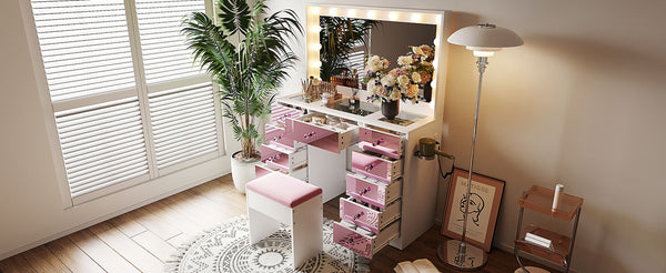English Elm Makeup Vanity Desk Set with Hollywood Led Mirror Cushioned Stool and Crystal Drawer Pulls N704P340230K