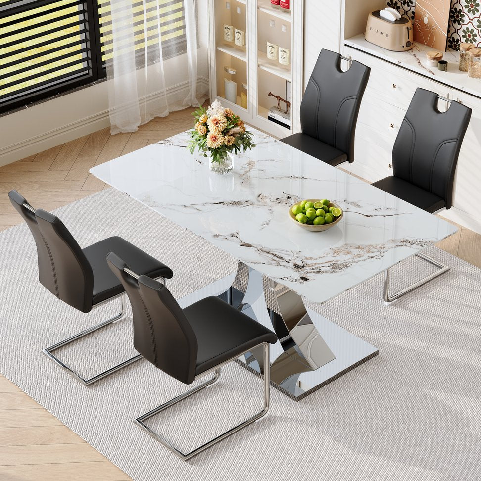 English Elm Switchable Base Glass Top Dining Set with Four U-shaped Armchairs for Modern Spaces W2920S00083