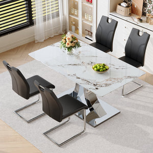 English Elm Switchable Base Glass Top Dining Set with Four U-shaped Armchairs for Modern Spaces W2920S00083