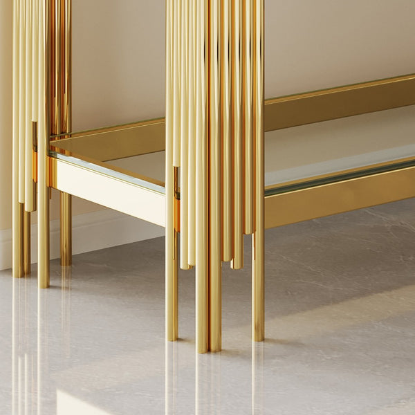 English Elm Top Double Layer Console Table With Tempered Glass Shelves & Luxe Gold Stainless Steel Frame Design W1241S00395-GIGA