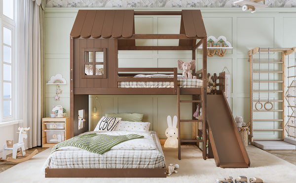 English Elm Twin Over Full Playhouse Bunk Bed with Slide Ladder Storage Shelves and Wardrobe Antique Natural W5305S00041