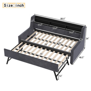 English Elm Twin Size Daybed With Trundle, Plush Velvet Upholstery, Led Lights & Charging Station For Modern Spaces W1670S00026-GIGA