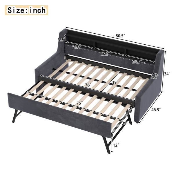 English Elm Twin Size Daybed With Trundle, Plush Velvet Upholstery, Led Lights & Charging Station For Modern Spaces W1670S00026-GIGA