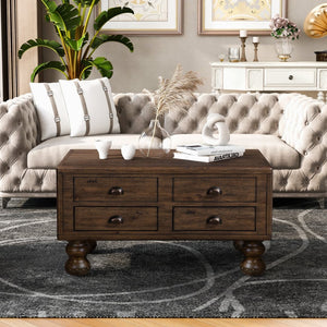 English Elm Solid Wood Rectangle Coffee Table With Antique Finish, 4 Drawers, Rivet Legs - Rustic Charm For Living Room W1202P176740-GIGA