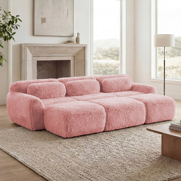 English Elm 3-seater Curved Modular Sectional Plush Upholstered Sofa with Linkable Ottoman for Living Rooms Pink W714S01561