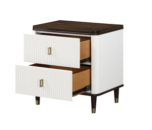 English Elm White White and Brown 2-Drawer Nightstand with USB Port, Beveled Mirror, Metal-Capped Legs, Spacious Storage B062P209003