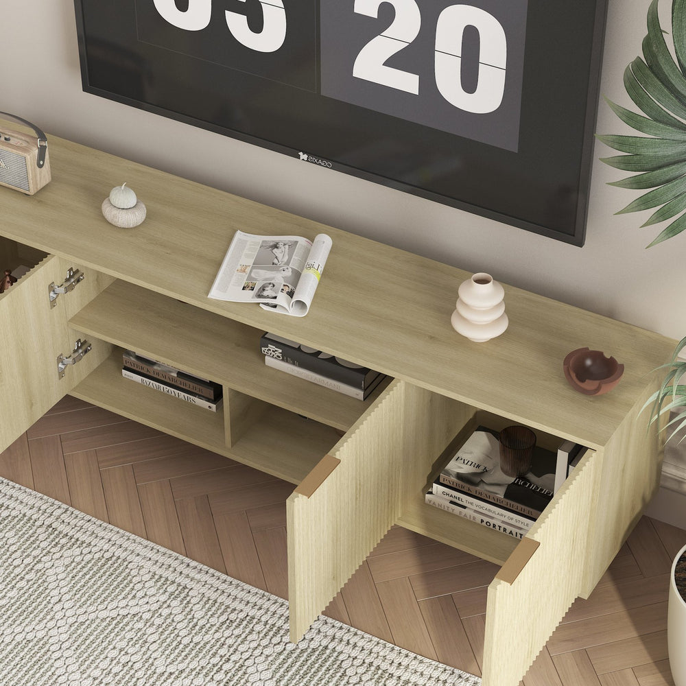 English Elm Wood Fluted Media Console with Gold Legs Matte Black Finish Storage Cabinet for Large Tvs W1321P352015