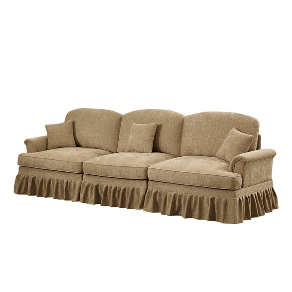 English Elm Elegant Mid Century 3-Seater Sofa With Flared Arms & Ruffled Skirts, Versatile Chenille Couch In Light Coffee W3041S00244