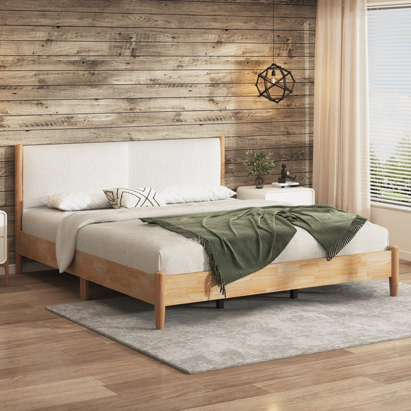 English Elm Christopher Knight Home® - California King Natural Wood Bed Frame with White Upholstered Headboard, Modern Minimalist Elegance N758C670405N