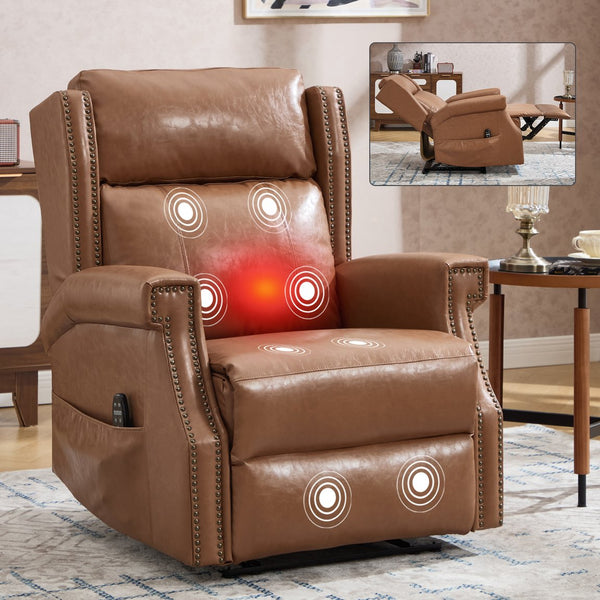 English Elm Emon's Overstuffed Chenille Power Lift Recliner with Massage Heat and Charging Ports Camel W1803S00093