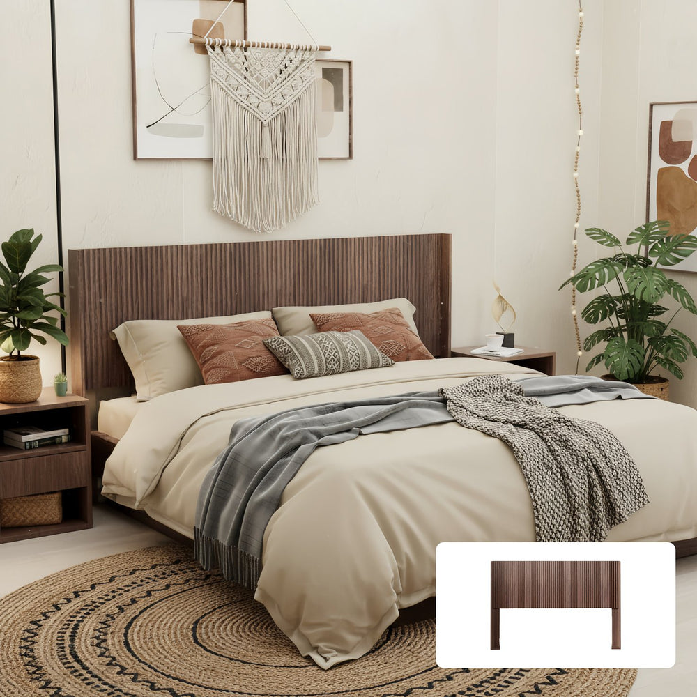 English Elm Wood Fluted Wingback Queen Headboard Walnut Finish Modern Farmhouse Wall Mounted W3520P383457