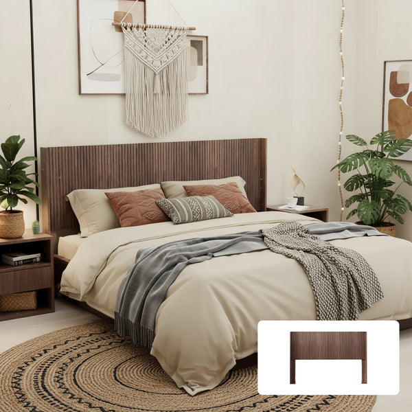 English Elm Wood Fluted Wingback Queen Headboard Walnut Finish Modern Farmhouse Wall Mounted W3520P383457