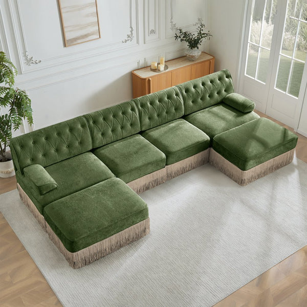 English Elm 4-seater Modular Sectional with Ottomans Tufted Fleece Sofa Tassel Skirt Retro Luxe Green W714S01714