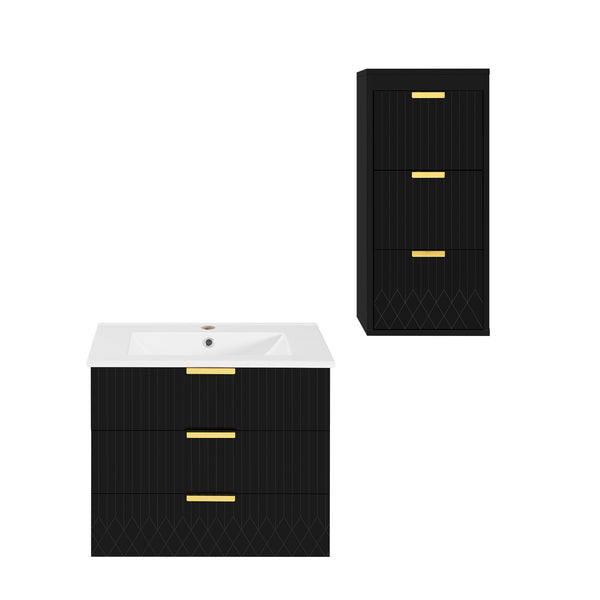 English Elm 24inch Bathroom Vanity with Sink - Wall-Mounted Floating Combo with Ceramic Basin, Modern L-Handle Design Black N710S324097B