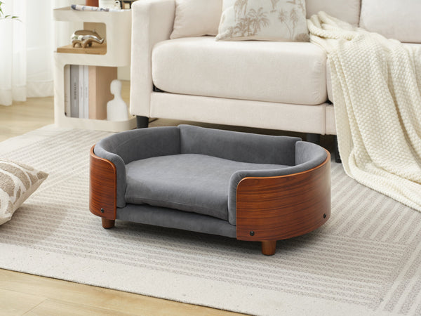English Elm Scandinavian Mid-century Pet Sofa with Walnut Bentwood Back and Navy Velvet Cushion Dark Grey W794125938