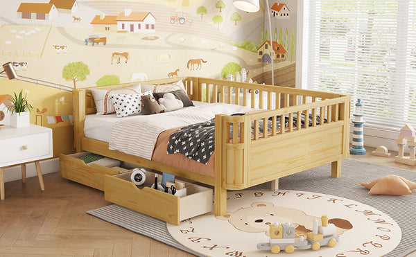 English Elm Twin Kids Platform Bed Solid Pine White Finish with Storage Drawers and Safety Rails Natural W2593P409119