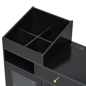 English Elm Modern Makeup Vanity Desk with Reeded Glass Door, 4-Compartment Cubby, Charging Port & Stool Comfortable Craftsmanship for Compact Spaces Black N844P285187B