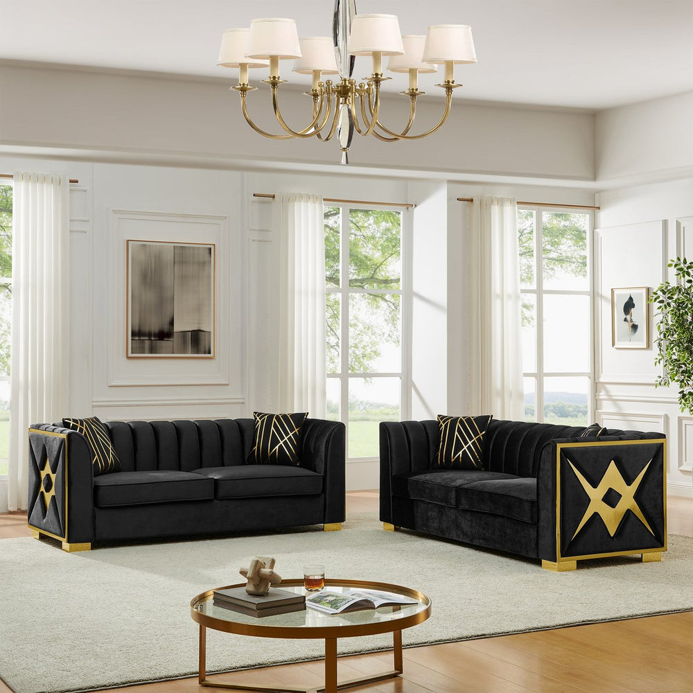 English Elm 81" Tufted Velvet Chesterfield Sofa with Gold Steel Legs for Elegant Living Rooms Black W1191S00072