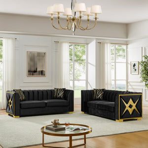 English Elm 81" Tufted Velvet Chesterfield Sofa with Gold Steel Legs for Elegant Living Rooms Black W1191S00072