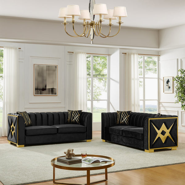 English Elm 81" Tufted Velvet Chesterfield Sofa with Gold Steel Legs for Elegant Living Rooms Black W1191S00072