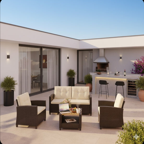 English Elm 4-piece Wicker Outdoor Conversation Set with Acacia Wood Table and Foam Cushions Beige+Brown B082S00061