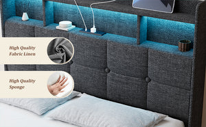 English Elm Full Linen Upholstered Bed with LED Lights, 20W Fast Charging, 2 Drawers & Memory Foam Headboard - Dark Gray W1550P190361