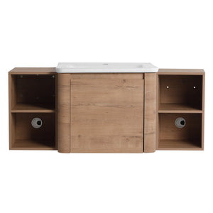 English Elm 48'' Wall-Mounted Bathroom Vanity With Soft-Close Door, White Sink, Storage Shelves & Plywood Design W999S00430