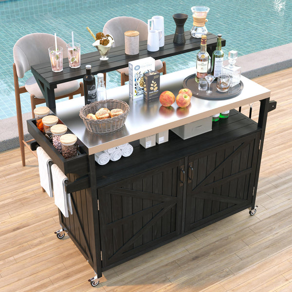 English Elm K&K 53.3" Outdoor Kitchen Island with 1.2" Stainless Top, Spacious Storage, Raised Shelf, Wheels Black N707P250628B