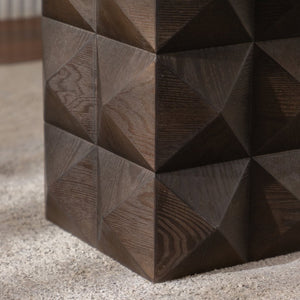 English Elm 23.62"Height Vintage Embossed Retro Side Table with Three-Dimensional Carved Pattern Durable Wood Nightstand Brown W757P250946