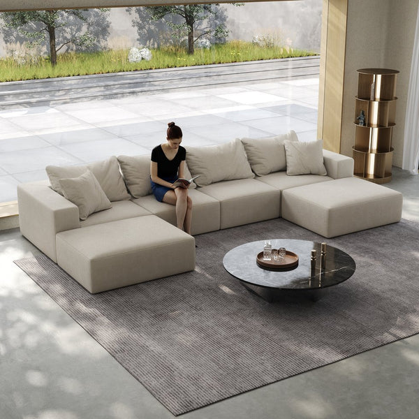 English Elm Oversized sponge cloud sofa modular 162" L-shaped sectional with chenille upholstery and 6 pillows, no-assembly comfort Beige W834S00389