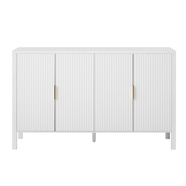 English Elm U_style Striped Four Door Sideboard Mdf Buffet Cabinet with Adjustable Shelves for Dining White N711P345170K