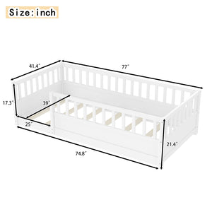 English Elm Twin Montessori Floor Bed Solid Pine Frame with Safety Fence Door for Kids Play Space White W1858P382398