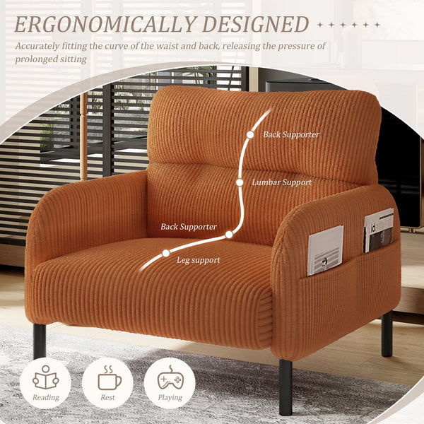 English Elm UNITED Corduroy Accent Chair with Ergonomic Curve, High-Density Foam Seat & Dual Side Pockets for Cozy Living Spaces Orange W1568P307259