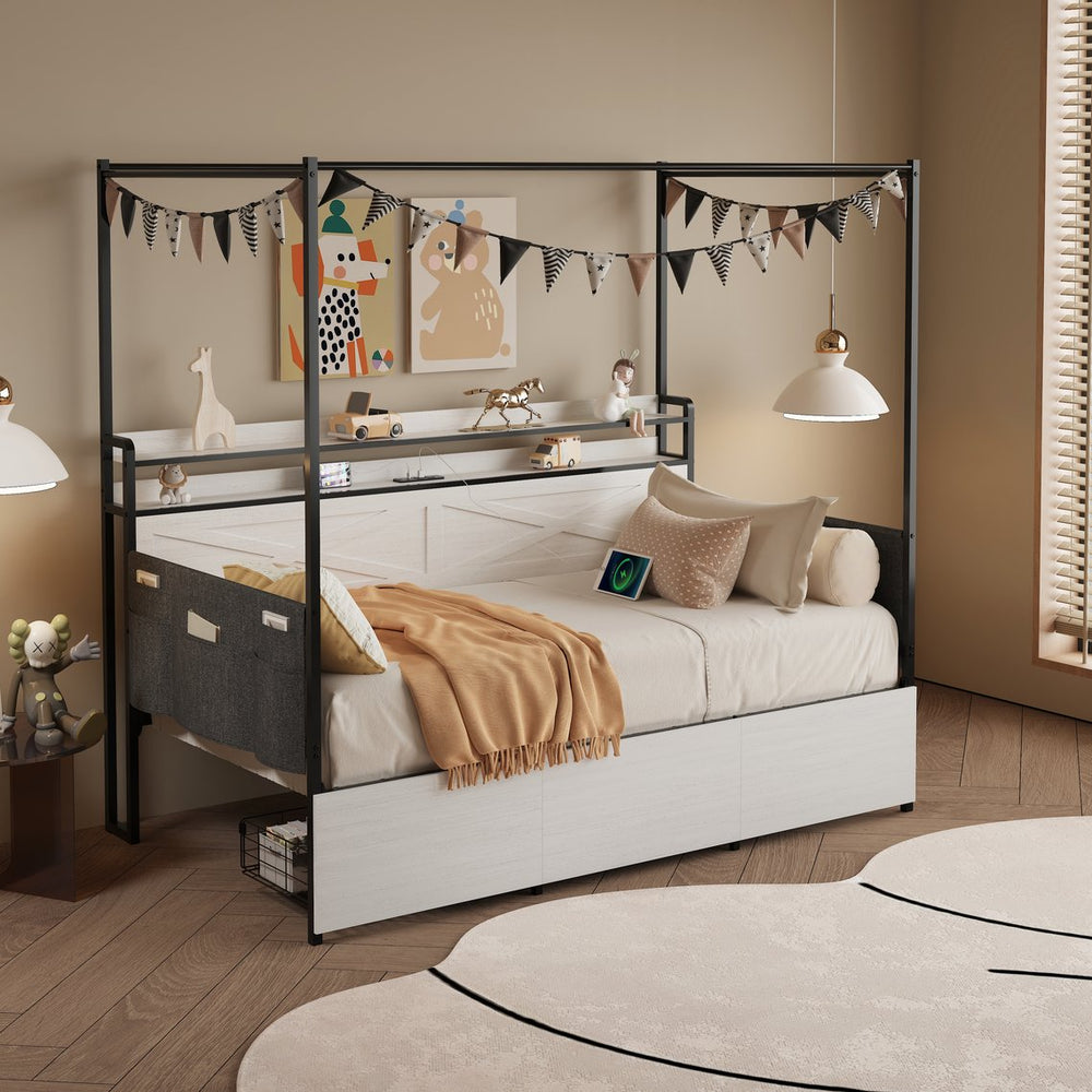 English Elm Twin Metal Daybed with Pull Out Trundle Guardrails Led Lights and Built in Charging W5026P404187
