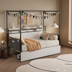 English Elm Twin Metal Daybed with Pull Out Trundle Guardrails Led Lights and Built in Charging W5026P404187