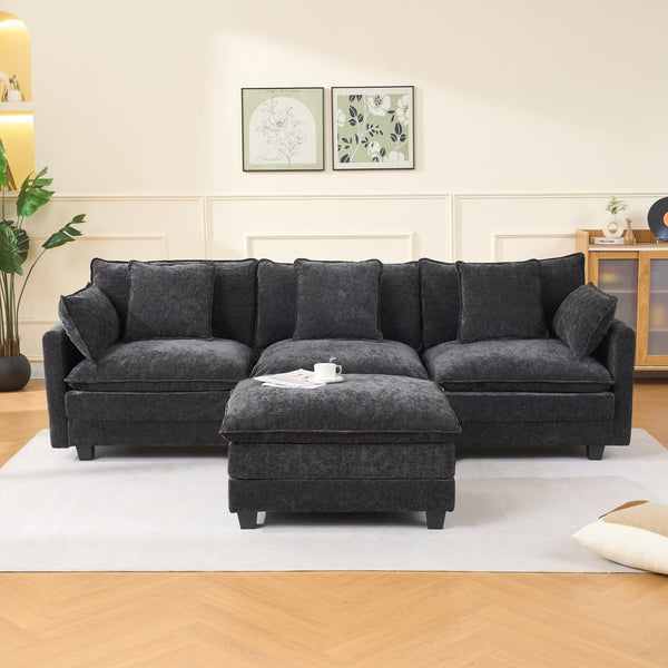 English Elm Beige Chenille Sectional Sofa with Modular Ottoman for Living Room or Studio Black W2603S00006