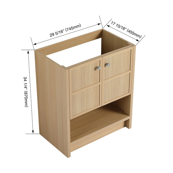 English Elm 30" Freestanding modern oak bathroom vanity with integrated basin, soft-close doors & open shelf storage, plywood construction W1972P268403