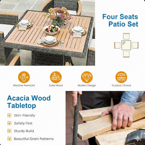 English Elm 1-piece Square Acacia Wood Top Hand-woven Pe Rattan Outdoor Patio Dining Table Gray B082P455163