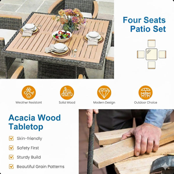 English Elm 1-piece Square Acacia Wood Top Hand-woven Pe Rattan Outdoor Patio Dining Table Gray B082P455163