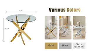 English Elm Modern Round Tempered Glass Dining Table with Glam Gold Iron Base for Compact Spaces Golden W3590S00009