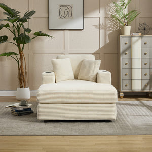 English Elm [New]Corduroy Chaise Lounge Sofa with Cup Holders,Detachable Cushions,Deep SeatMagazine Bag Beige W2120P322752