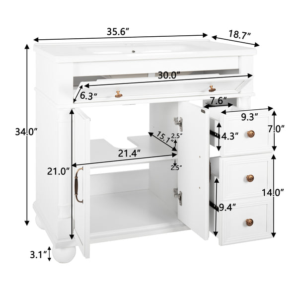 English Elm 35.6" Freestanding Bathroom Vanity with Roman Column Base and Ceramic Integrated Sink W1801S00009