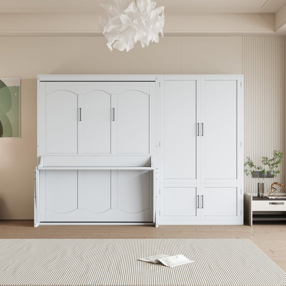 English Elm Queen Murphy Bed with Wardrobe Cabinet Hydraulic Lift Mdf Space Saving Wall Unit White LP000581AAK
