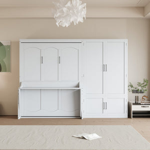 English Elm Queen Murphy Bed with Wardrobe Cabinet Hydraulic Lift Mdf Space Saving Wall Unit White LP000581AAK