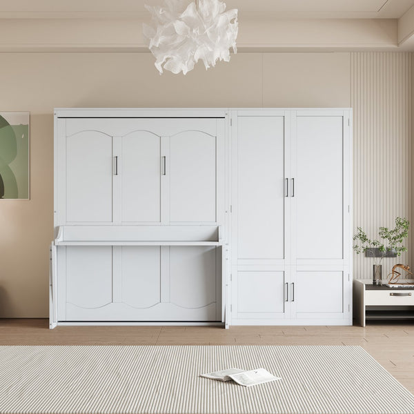 English Elm Queen Murphy Bed with Wardrobe Cabinet Hydraulic Lift Mdf Space Saving Wall Unit White LP000581AAK